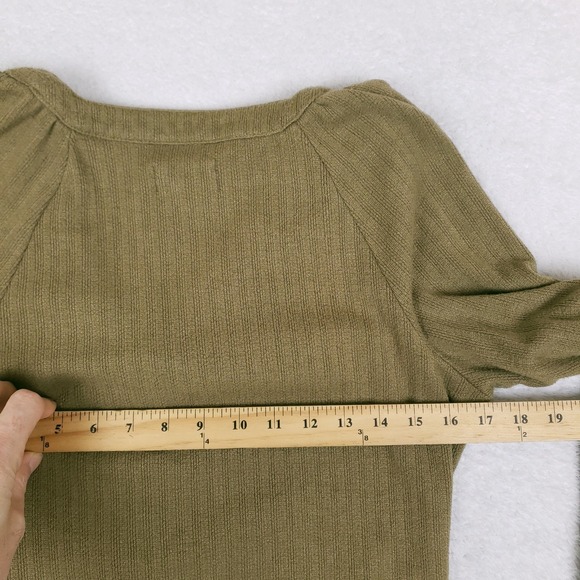 Anthropologie Cardigan L Ribbed V-Neck Puff Shoulder Olive Green Bohemian Cozy - Picture 7 of 8